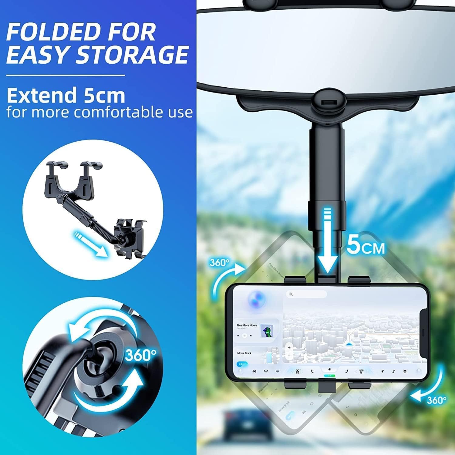 Sounce 360 Rotatable and Retractable Car Phone Holder Multifunctional Car Rearview Mirror Phone Holder, 360 Degree Rotatable Rear View Mirror Phone Mount, for All Mobile Phones