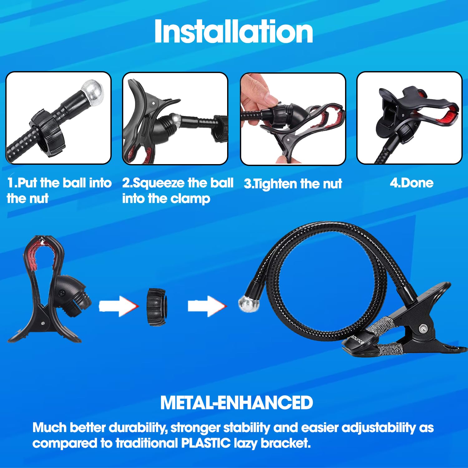 Sounce Mobile Stand Holder Metal Built - Cell Phone Stand Perfect for Video Table Online Class Home Bed Flexible Charging Hand Bike Movie Office Gift Desktop Heavy Duty Lazy Mount Multi Angle Clamp