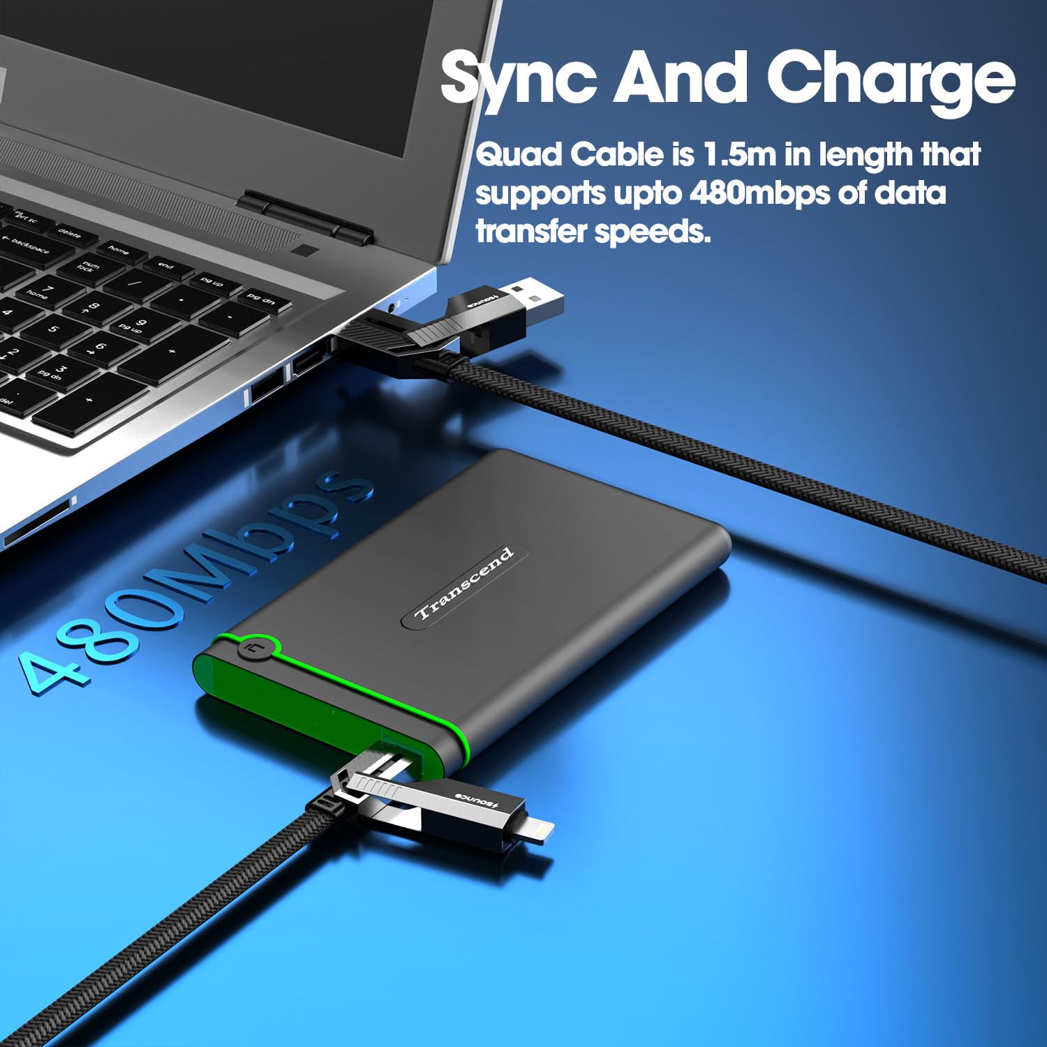 Sounce 4-in-1 66W Fast Charging Cable | Metal Flat Braided Cord, Universal Compatibility (Black, 1.5M)
