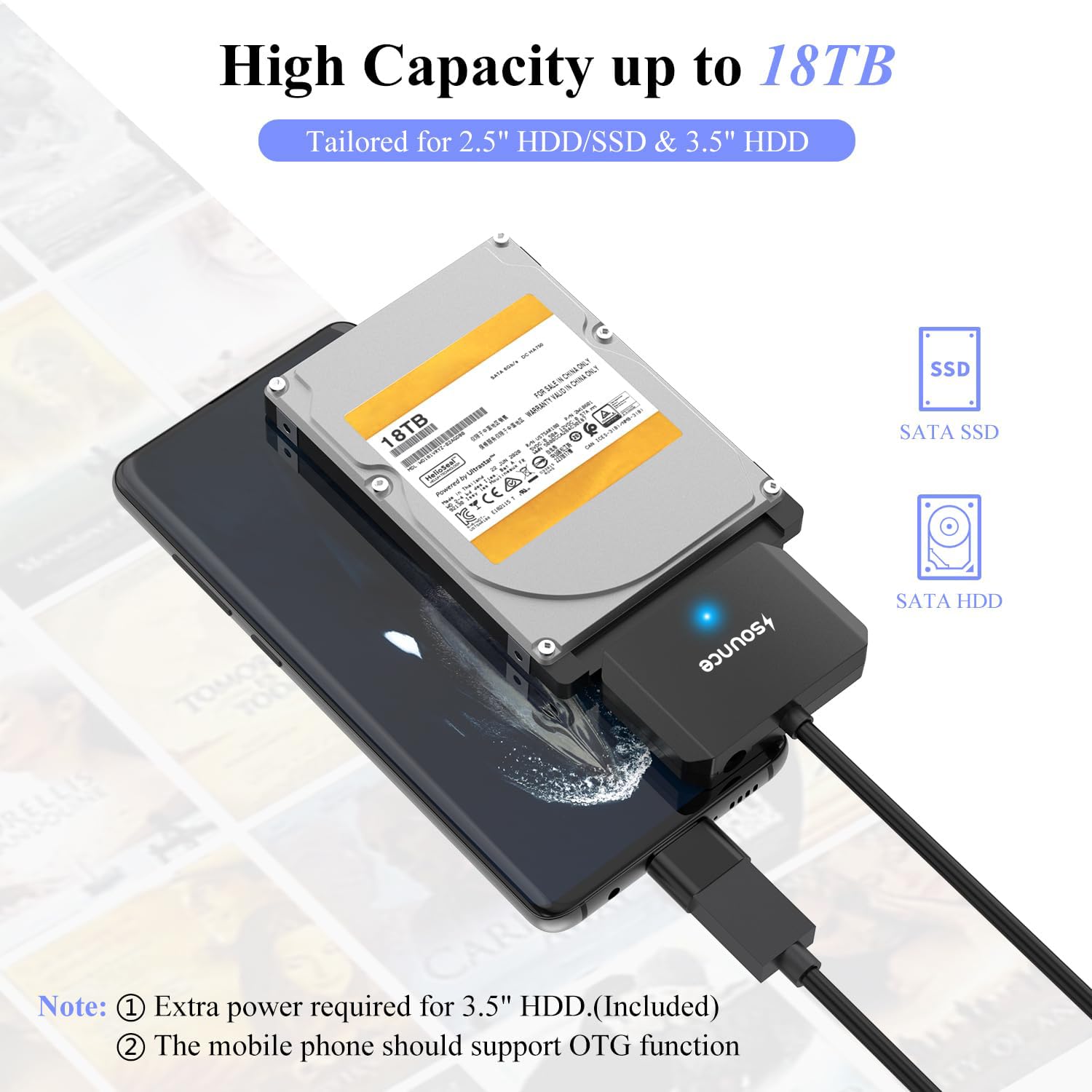 Sounce SATA Cable USB 3.0 to SATA III Hard Disk Connector for 3.5 2.5 inch SSD & HDD Hard Drive Disk and SATA Optical Drive with 12V 2A Power Adapter External Hard Disk Adapter Support UASP - Black