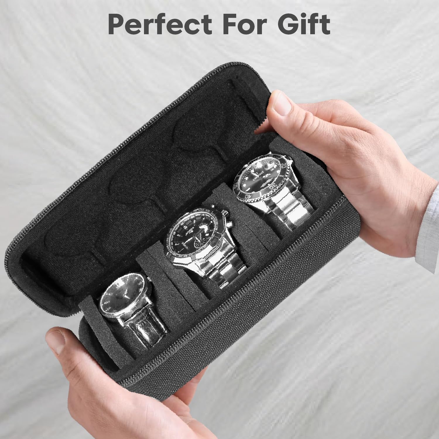 Sounce Travel Watch Case Organizer Watch Box With Zipper Heavy Duty Nylon Exterior, Travel Friendly Case Fits all Wristwatches & Smart Watches Up To 60MM Compatible for Apple Watch (3 Slots)