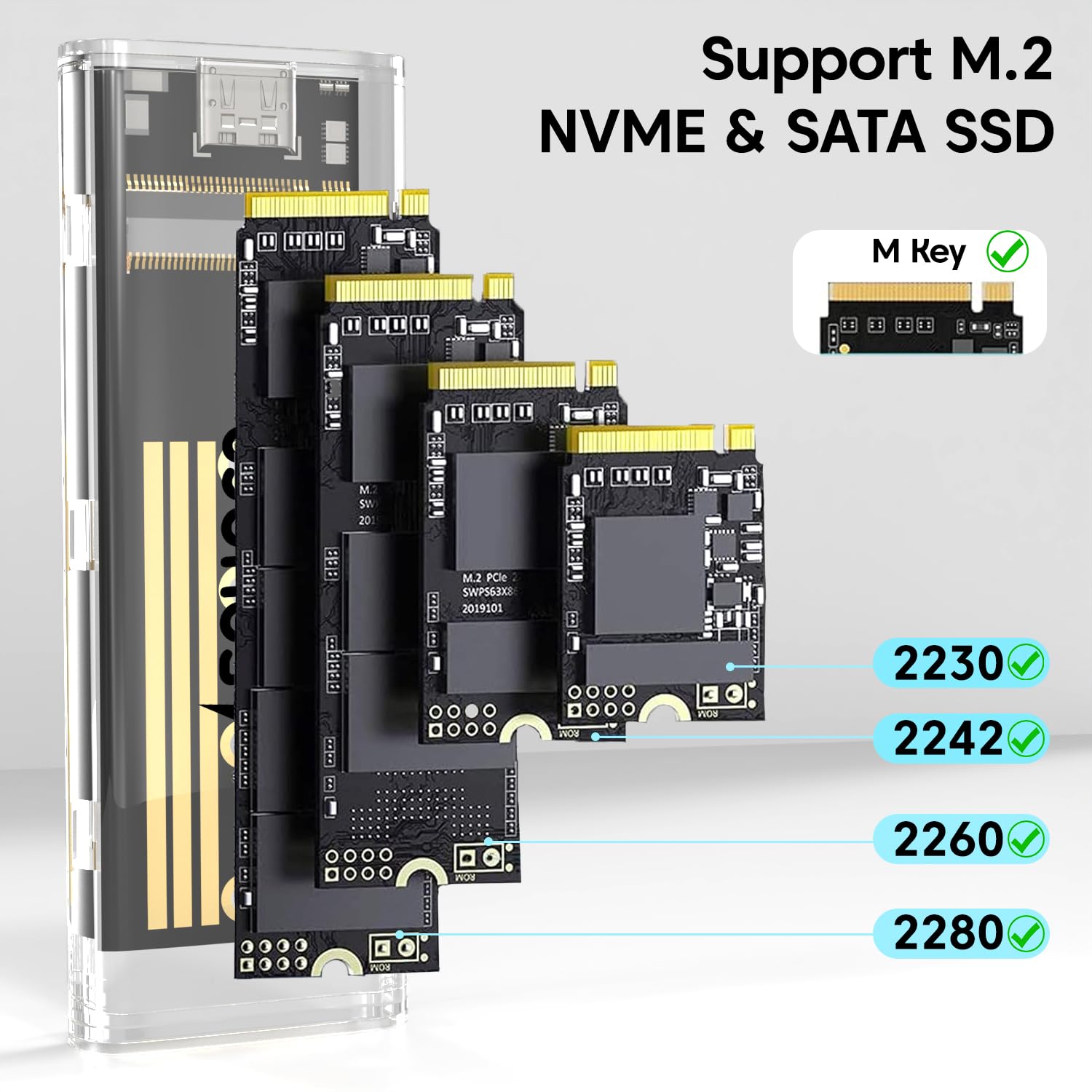Sounce Transparent M.2 NVMe Enclosure USB 3.2 Gen 2 (10Gbps) – External PCIe M-Key SSD Adapter Case (2280/2260/2242/2230) Type-C