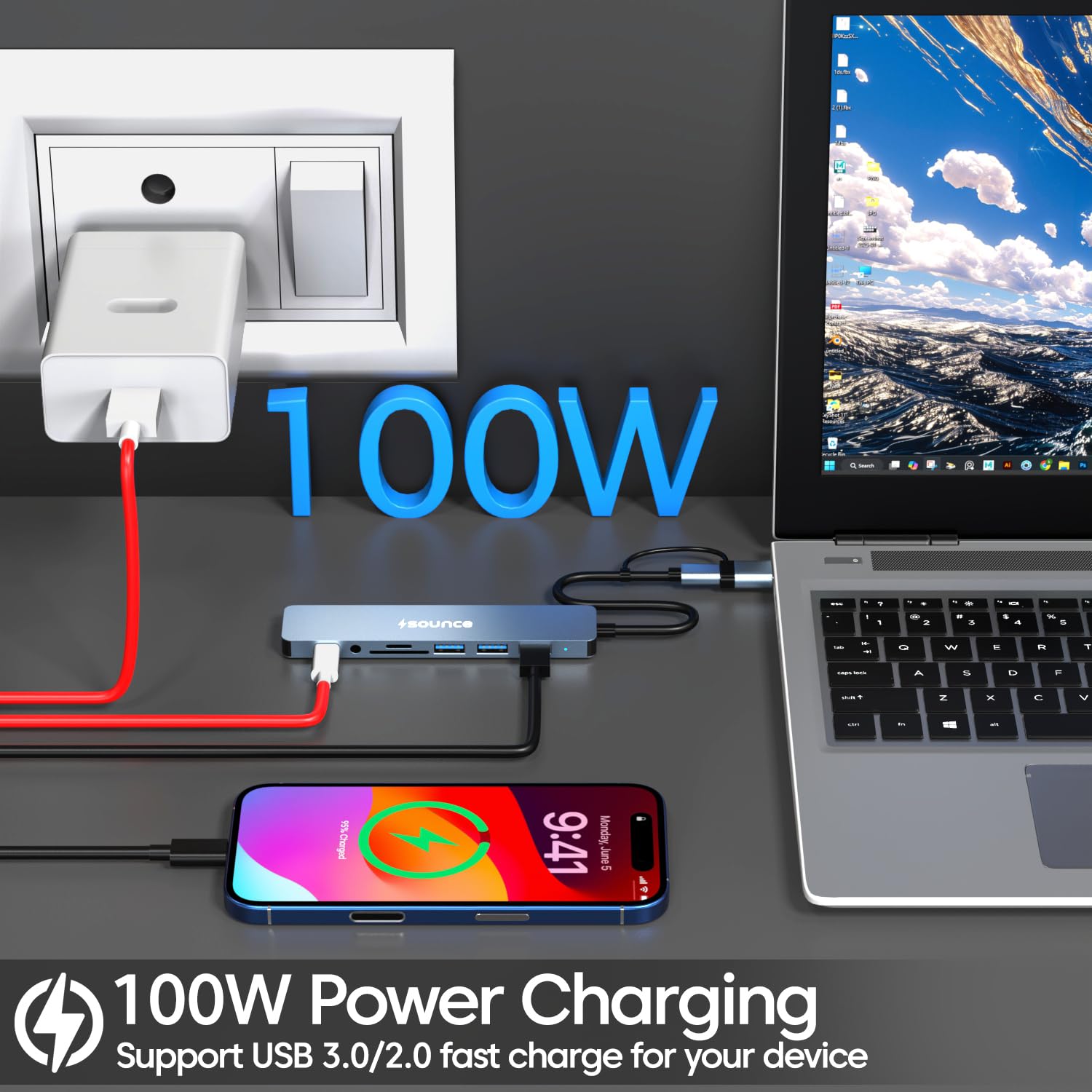Sounce 8-in-1 USB + Type C Converter, 1x USB 3.0, 4X USB 2.0, USB-C, 60W PD Charging Ports, and Fast Data Transfer speeds of up to 5Gbps - Ideal for MacBooks, iMacs, Surface Pro, and Beyond