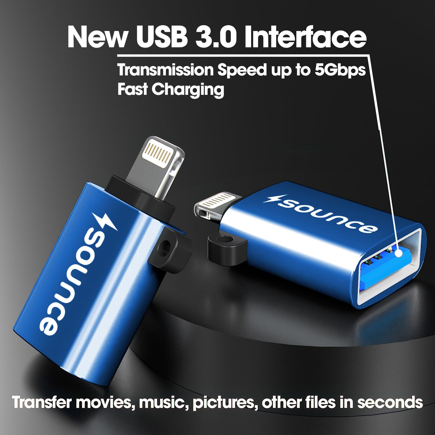 Sounce OTG for iPhone/iPad, Lightning OTG Pendrive Adapter Compatible with All iOS Devices, USB Female Support Connect USB Flash Drive, Keyboard, Mouse (Blue)