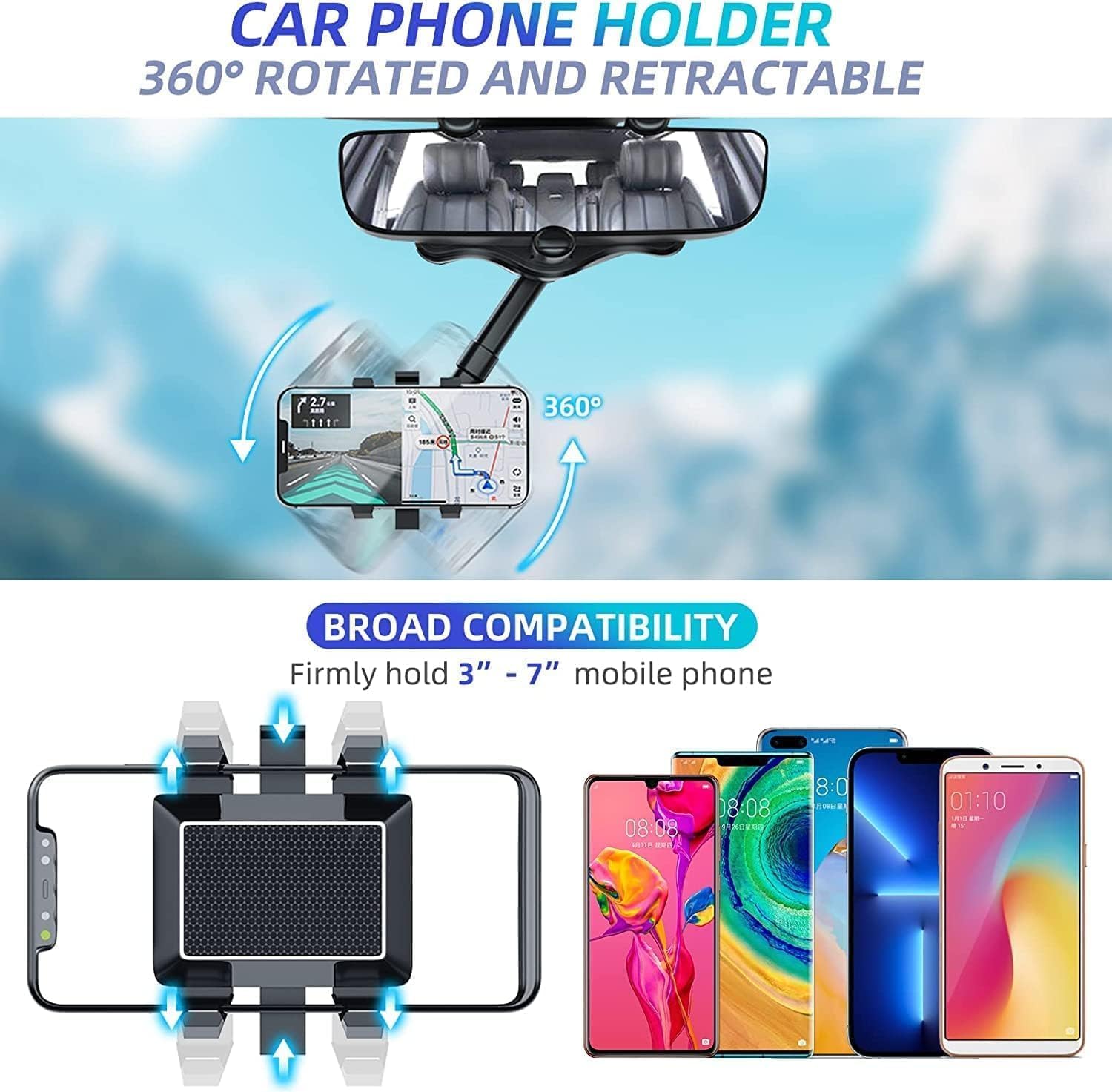 Sounce 360 Rotatable and Retractable Car Phone Holder Multifunctional Car Rearview Mirror Phone Holder, 360 Degree Rotatable Rear View Mirror Phone Mount, for All Mobile Phones