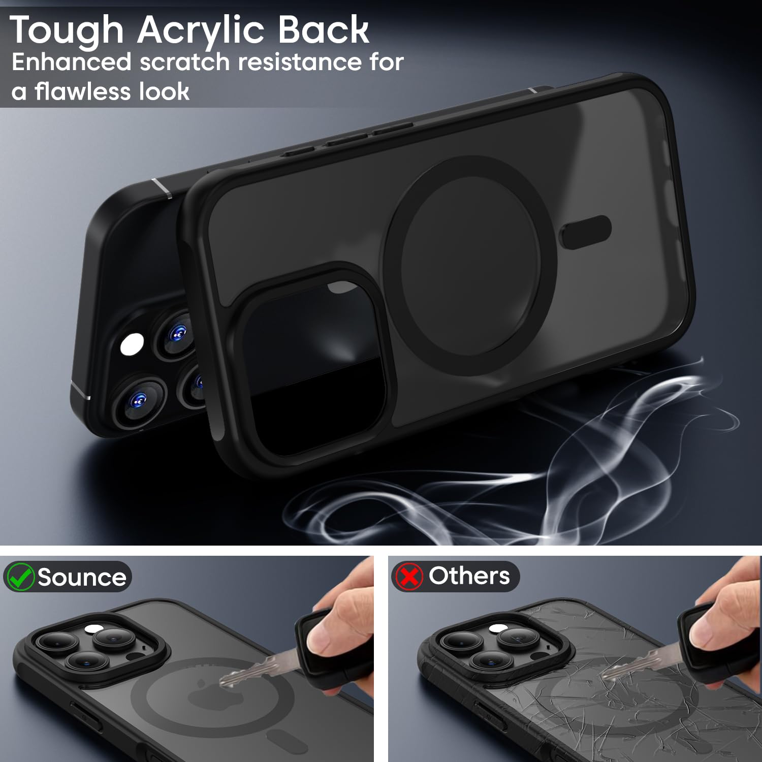 Sounce iPhone 16 Pro Case, MagSafe Compatible, Shockproof Military-Grade TPU Protection, HaloLock Magnetic Hybrid Case for iPhone 16 Pro, Durable, Slim, Design,(Frosted Black)