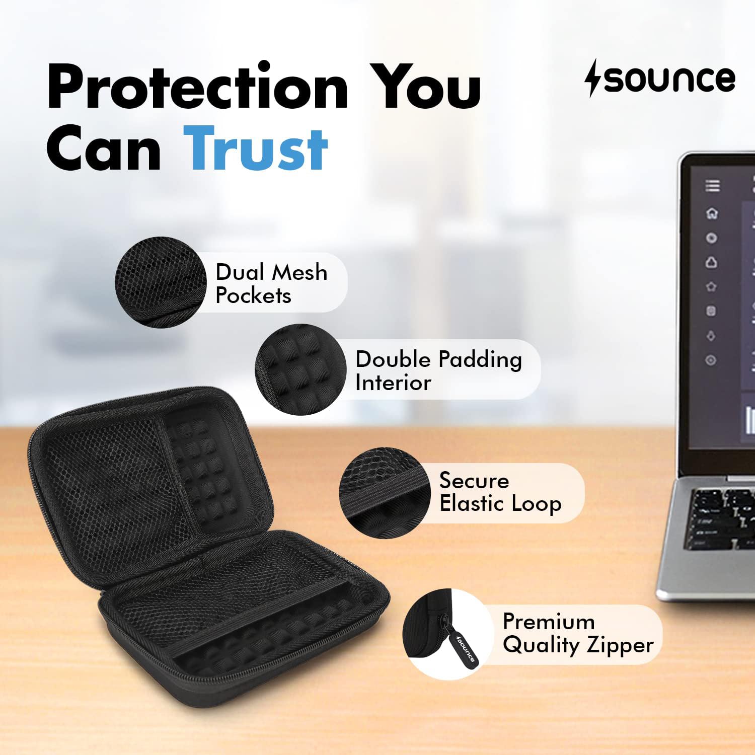 Sounce External Hard Drive Case 2.5-Inch, Hard Drive Portable Storage Organizer Bag, External Hard Disk Cover, Portable Storage Shell for Gadget Hard Disk USB Cable Mobile Charger Earphone (Black)