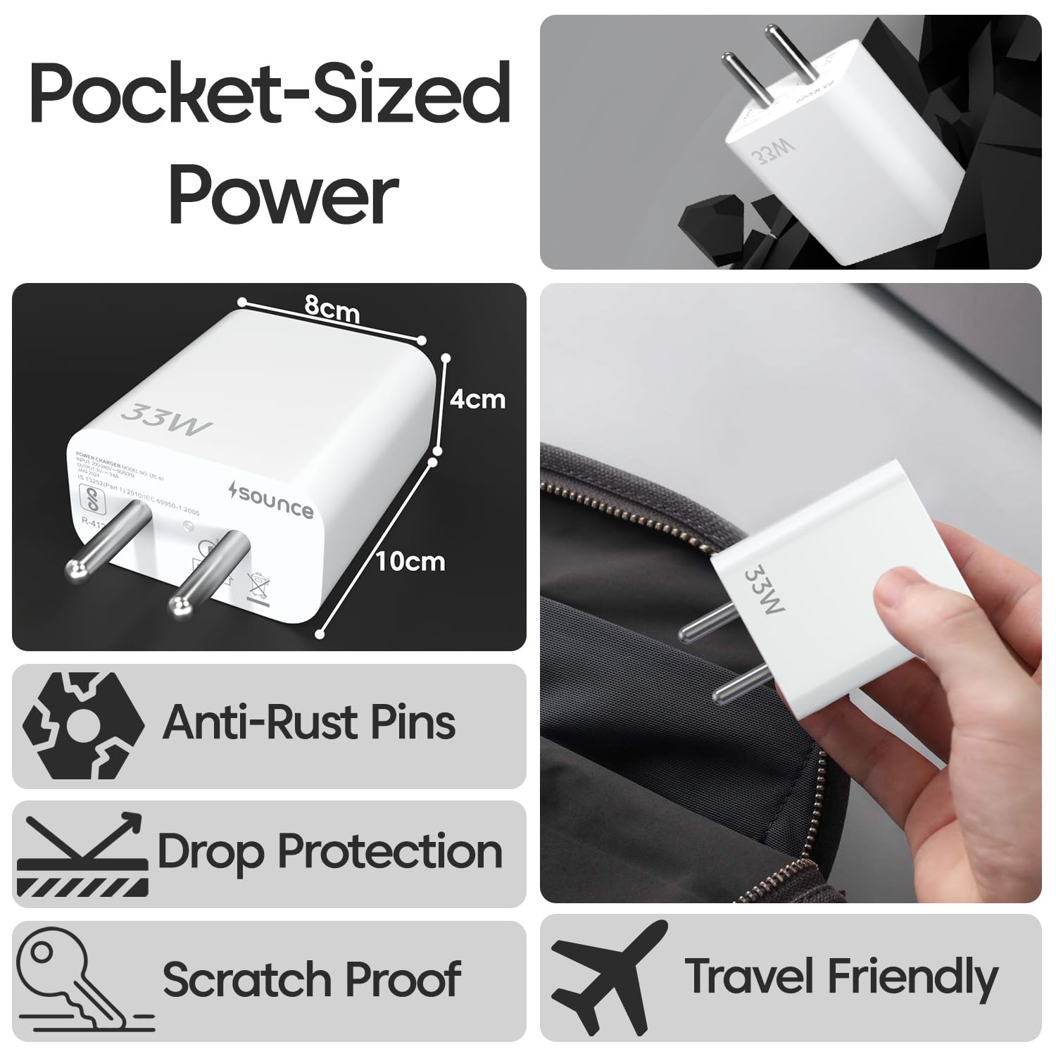 33W & 67W USB Type-C Fast Charger with Cable | Quick Charge 3.0 Adapter for Mi, Redmi, Poco, and Other Type-C Devices – Sounce Super-Fast Charging Wall Plug
