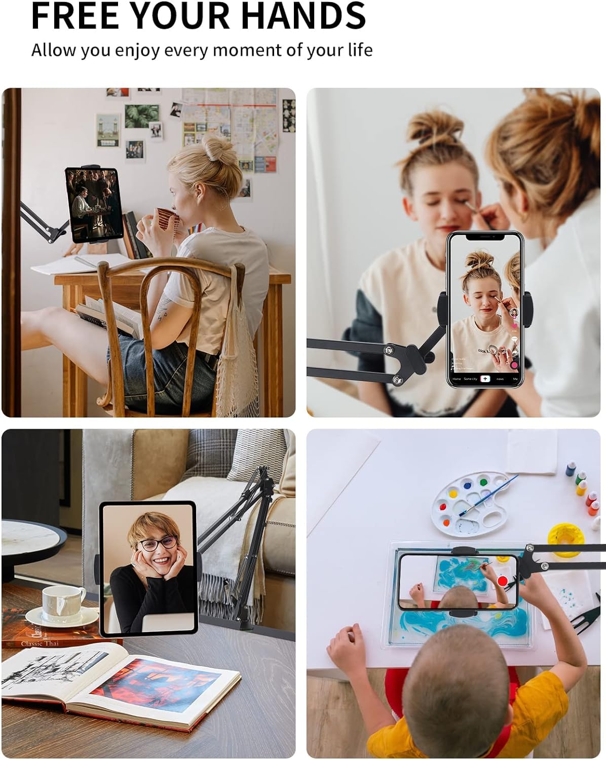 Sounce Lightweight Tabletop Stand Phone Holder, Metal Long Lazy Arm and Bracket for All Mobile for Video Recording, Streaming Video, Office, Compatible with Devices Upto 4-10.6 Inches - Black