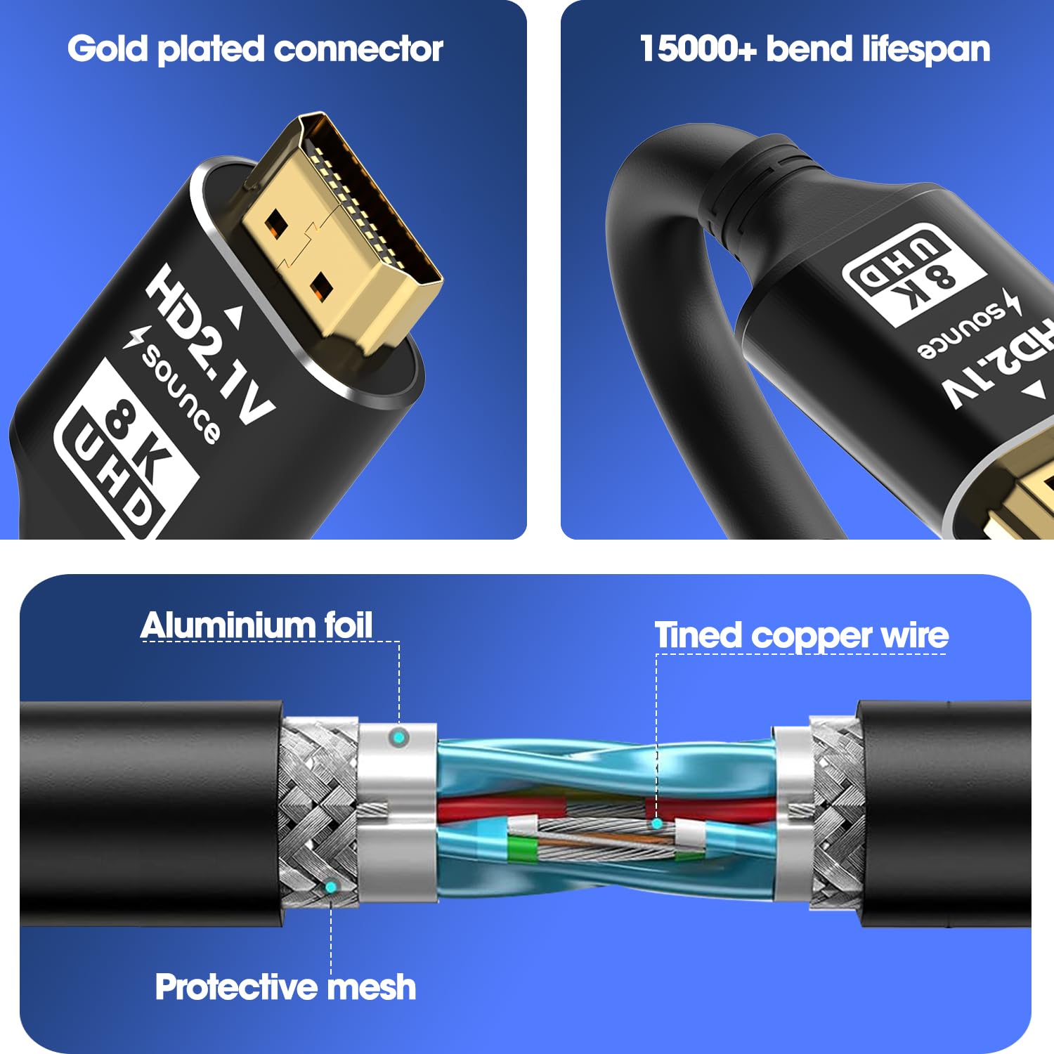 Sounce 8K HDMI 2.1 Cable – 6ft / 10ft – Ultra HD 8K@60Hz, 4K@120Hz, 48Gbps, HDR, eARC, Ethernet – Compatible with PS5, Xbox, Roku, Apple TV, PC