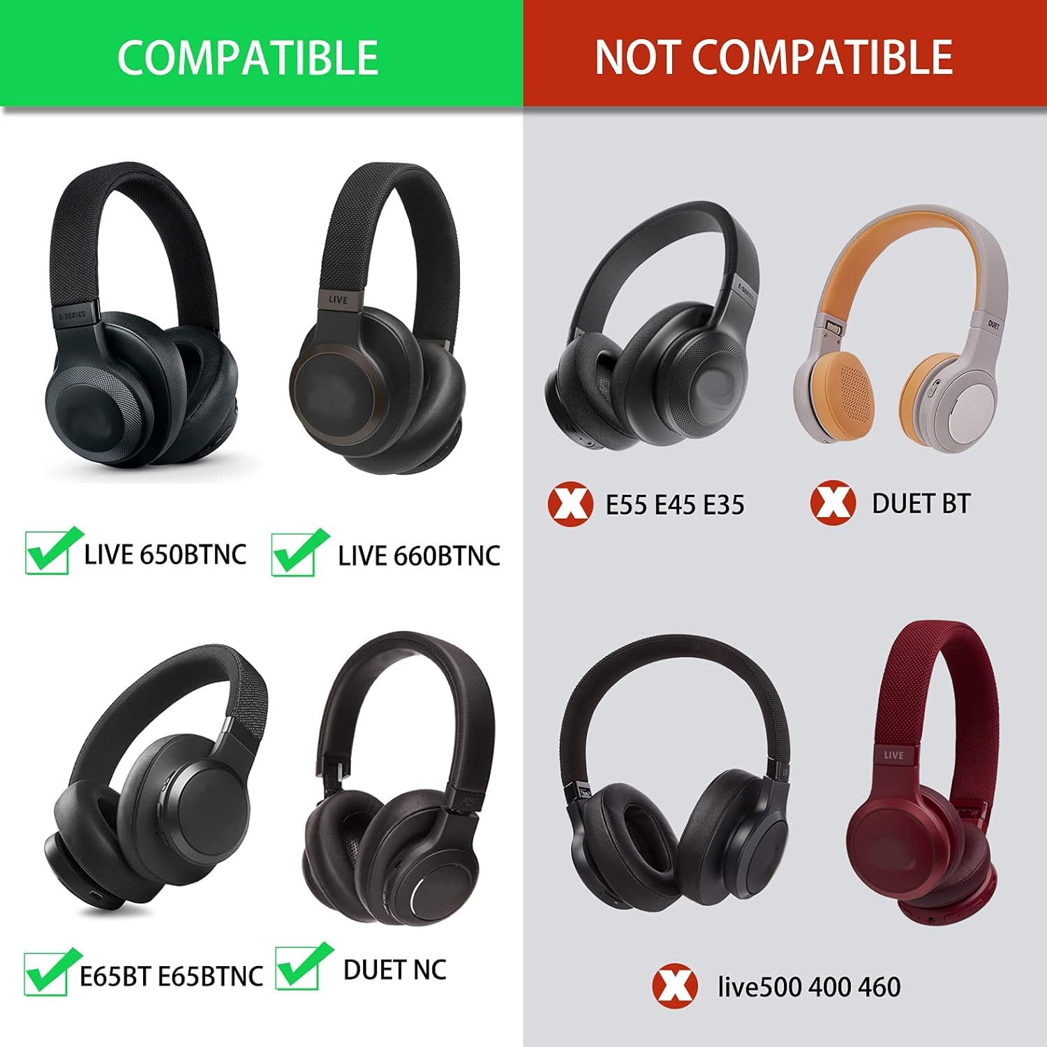 Sounce Replacement Earpads Cushions for JBL E65 (E65BTNC), Live 650 (650NC 650BTNC), Live 660 (660NC 660BTNC), Duet NC Headphones Extra Thick Ear Pads with Softer Leather Earmuffs Memory Foam - Black