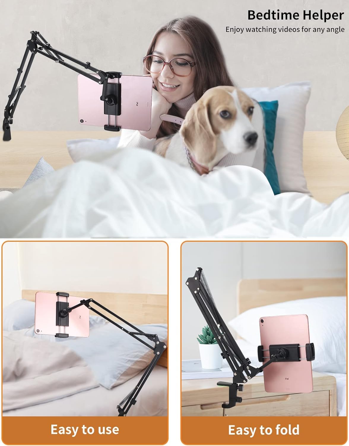 Sounce Lightweight Tabletop Stand Phone Holder, Metal Long Lazy Arm and Bracket for All Mobile for Video Recording, Streaming Video, Office, Compatible with Devices Upto 4-10.6 Inches - Black