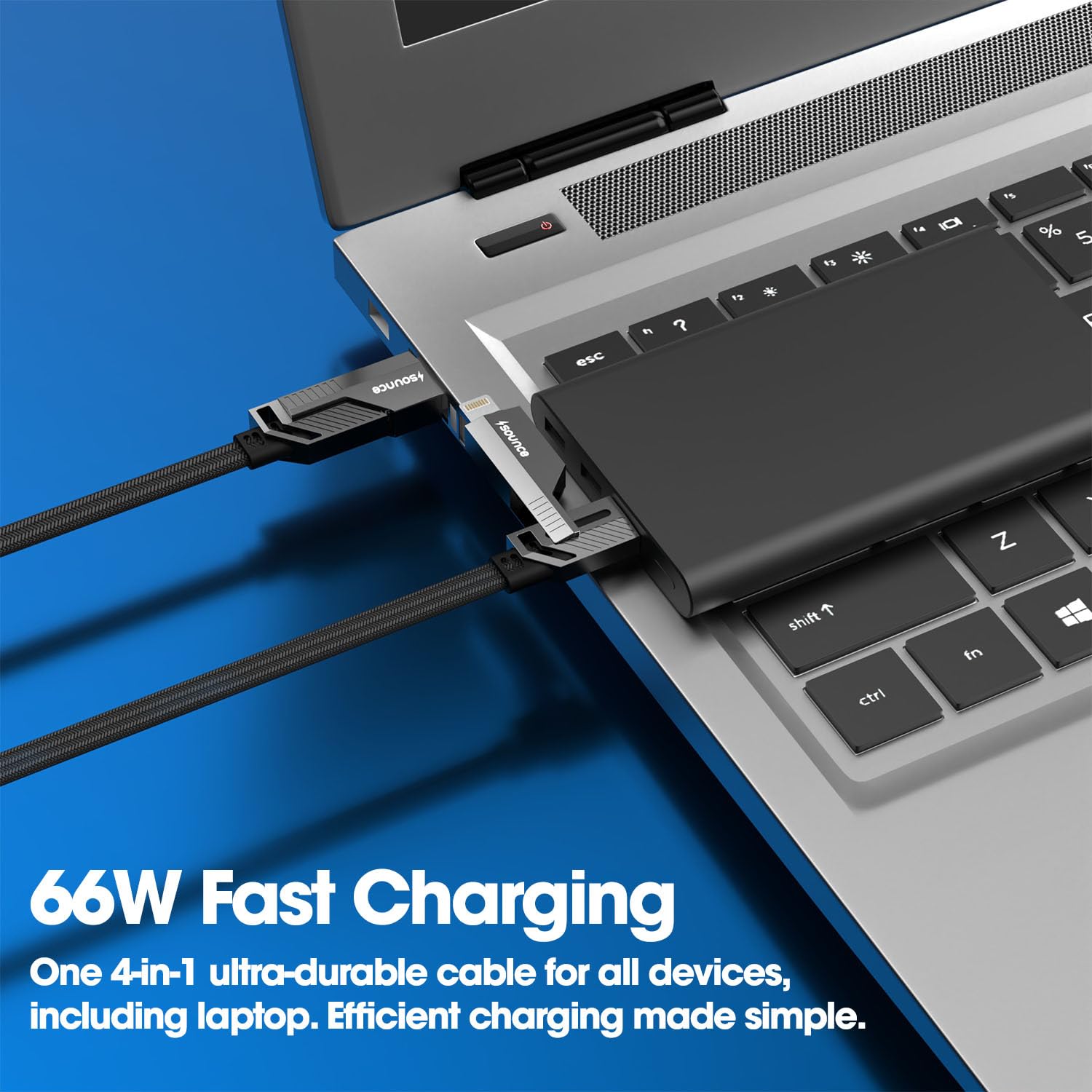 Sounce 4-in-1 66W Fast Charging Cable | Metal Flat Braided Cord, Universal Compatibility (Black, 1.5M)