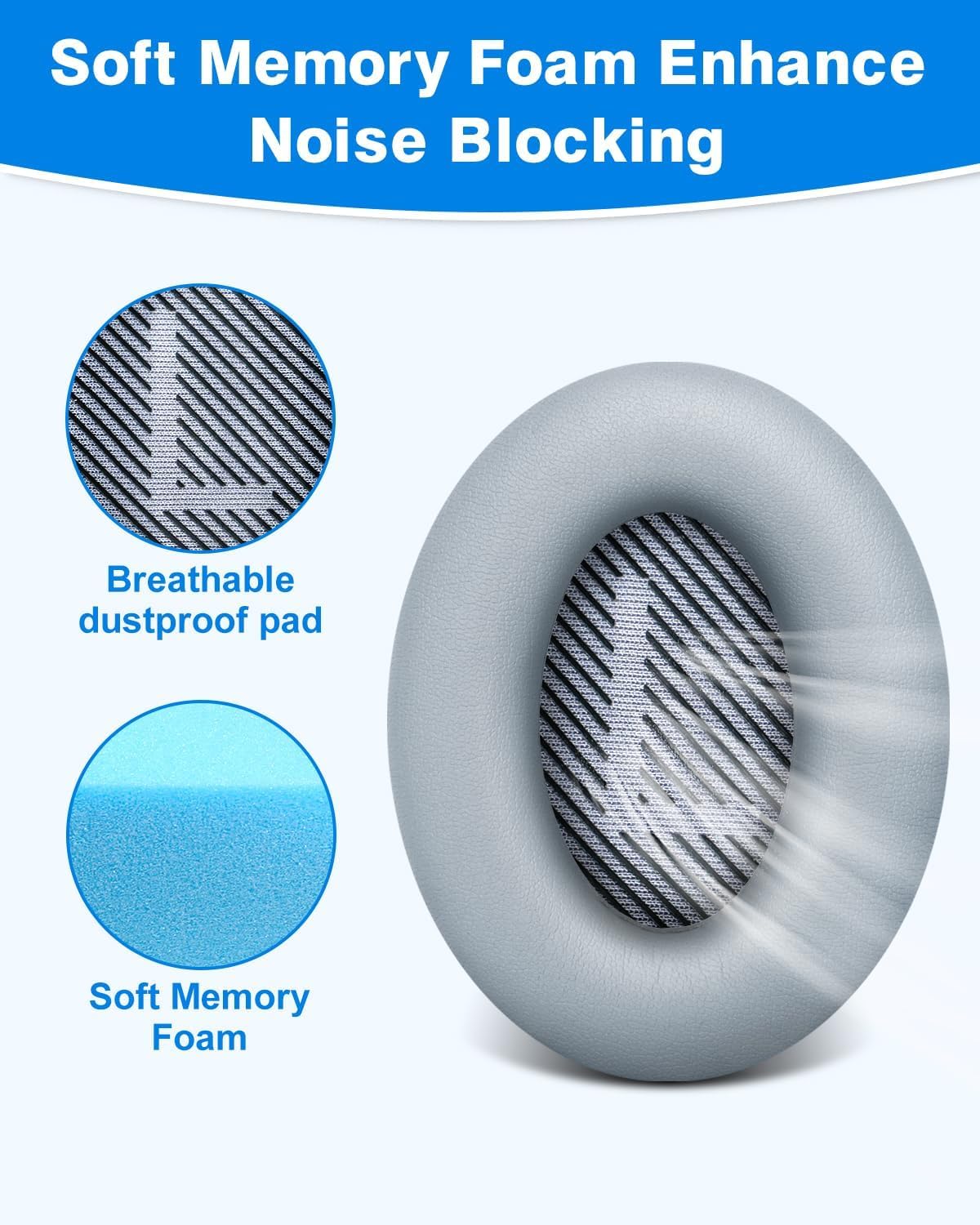Sounce Replacement Earpads Cushions for Bose QuietComfort 35 (QC35) Quiet Comfort 35 II, QuietComfort 15 QC35/ Ae2 Ae2i Ae2w SoundTrue & SoundLink Headphones, Ear Pads with Softer Leather (Grey)