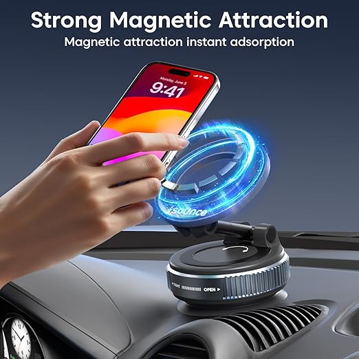 Sounce Smart Magnetic Suction Phone Holder with 360° Adjustable Angle, Strong Vacuum Grip for Car, Gym, Mirror & Makeup Use, Supports MagSafe iPhone and Android Devices 2025