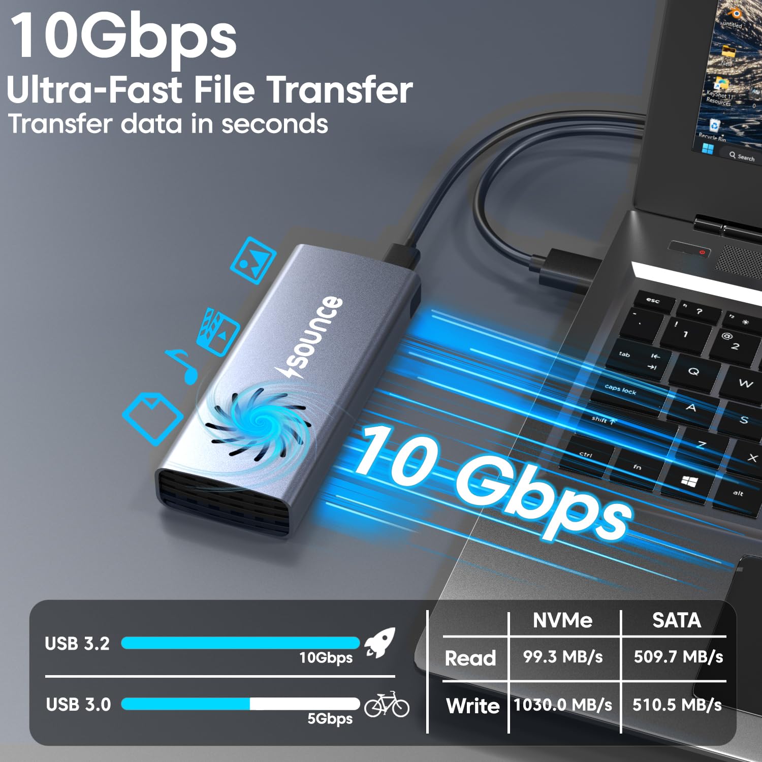NVMe M.2 SSD Enclosure with Fan – USB 3.2 Gen 2 (10Gbps) Tool-Free PCIe NVMe Case | USB-C Adapter for M & B&M Key SSDs – by Sounce
