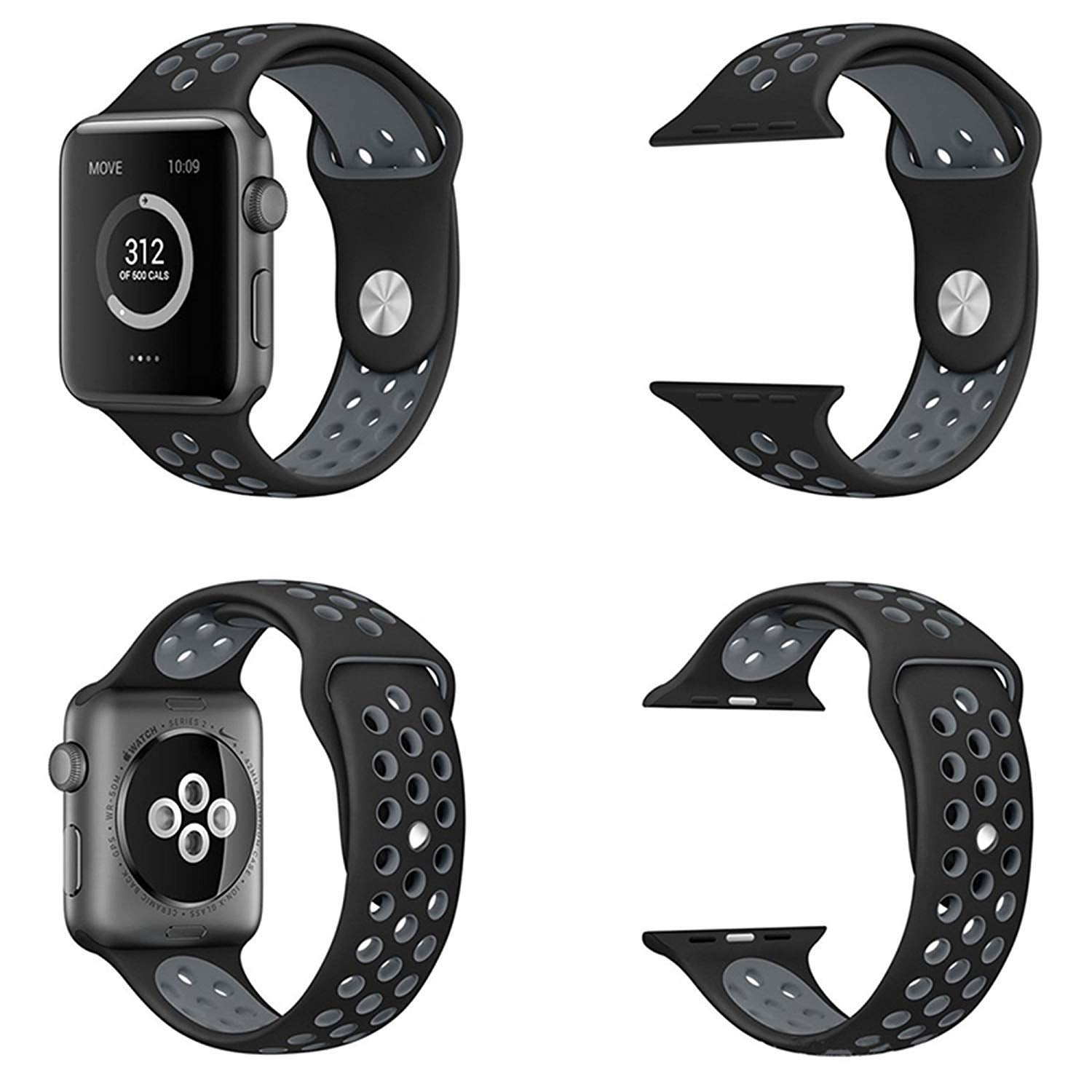 Sounce Sports Strap Compatible for Watch Band 42mm 44mm 45mm Adjustable Silicone Wristband Sport Loop for Watch Series 7/6/5/4/3/2/1, SE - Black-Grey