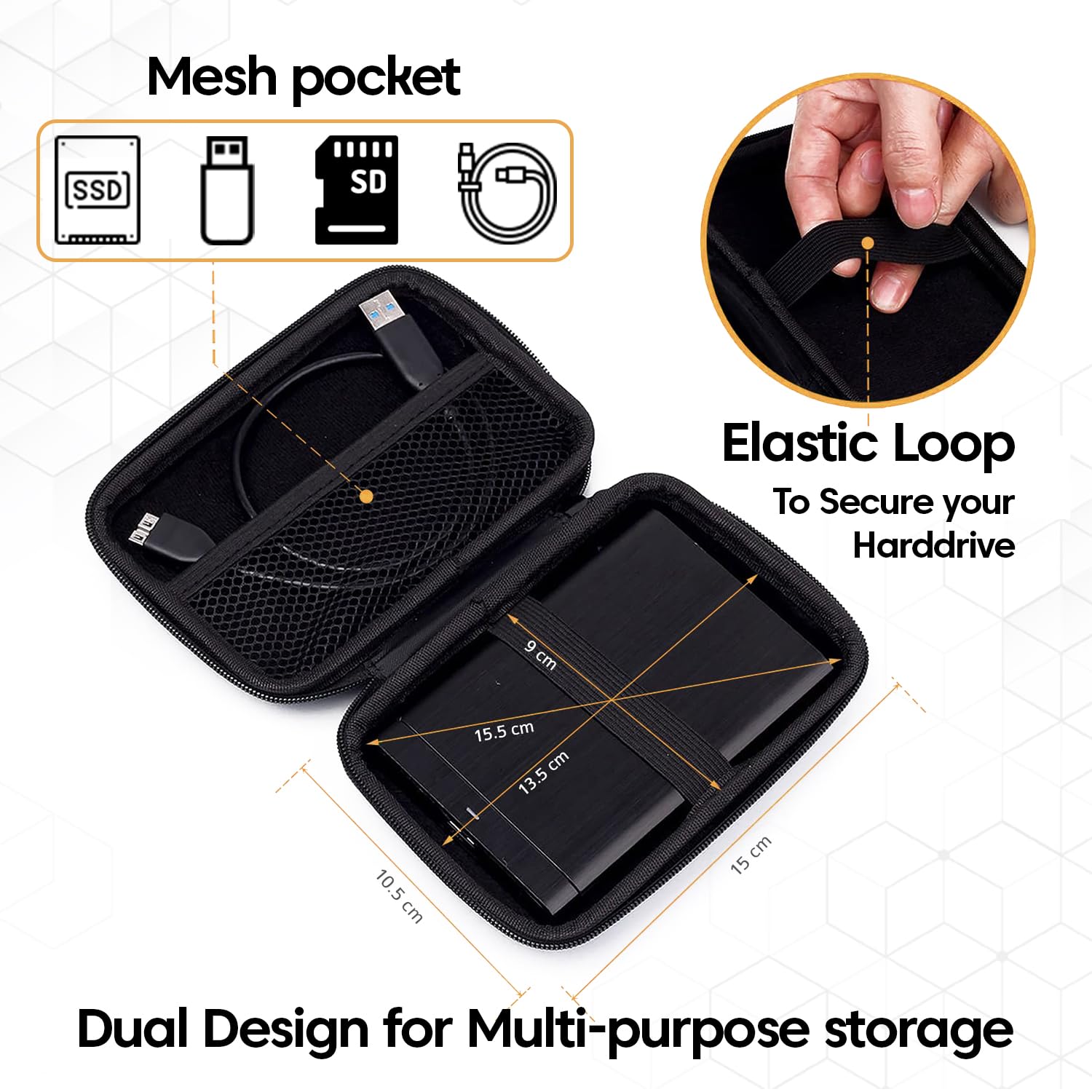 Sounce Rugged Hard Drive Case for 2.5-inch, Hard Disk Case, EVA Disk Pouch, External Hard Disk Cover, Portable Storage Shell for Gadget Hard Disk USB Cable Mobile Charger Earphone, Waterproof (Black)