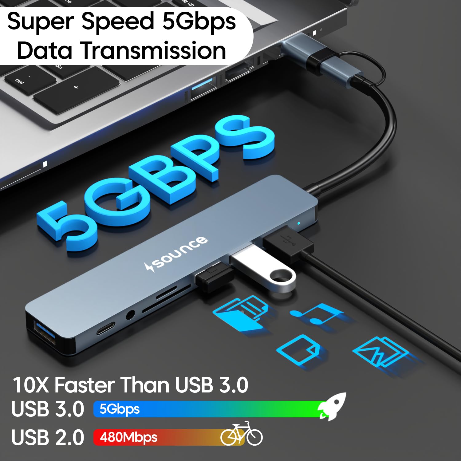 Sounce 8-in-1 USB + Type C Converter, 1x USB 3.0, 4X USB 2.0, USB-C, 60W PD Charging Ports, and Fast Data Transfer speeds of up to 5Gbps - Ideal for MacBooks, iMacs, Surface Pro, and Beyond