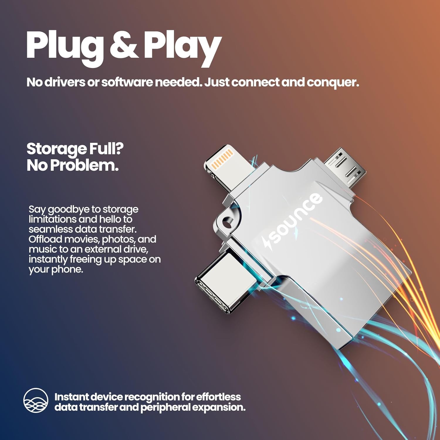 Sounce 4-in-1 OTG Adapter – Lightning, Type-C, Micro USB & USB 3.0 | Universal Data Transfer for iOS & Android