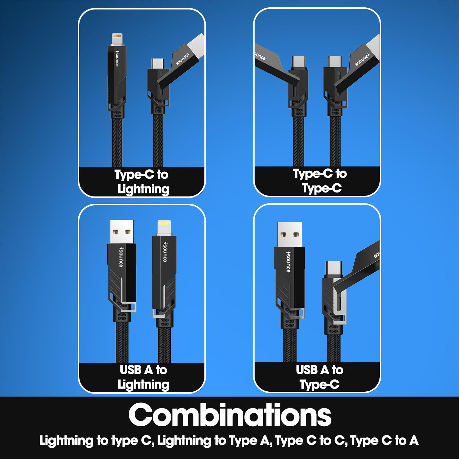 Sounce 4-in-1 66W Fast Charging Cable | Metal Flat Braided Cord, Universal Compatibility (Black, 1.5M)