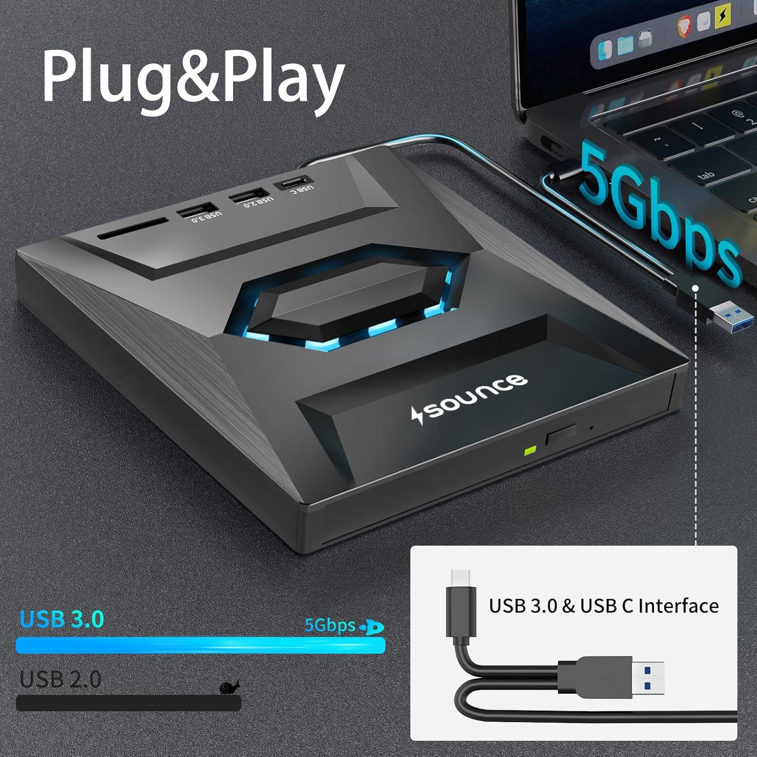 Sounce USB 3.0 & Type C External CD DVD Writer RW Optical Drive CD/DVD ROM +/-RW CD Burner Drive with SD/TF Card Reader Ports, USB 3.0 to C Hub for Laptop, PC, MacBook, Desktop, Notebook - Black