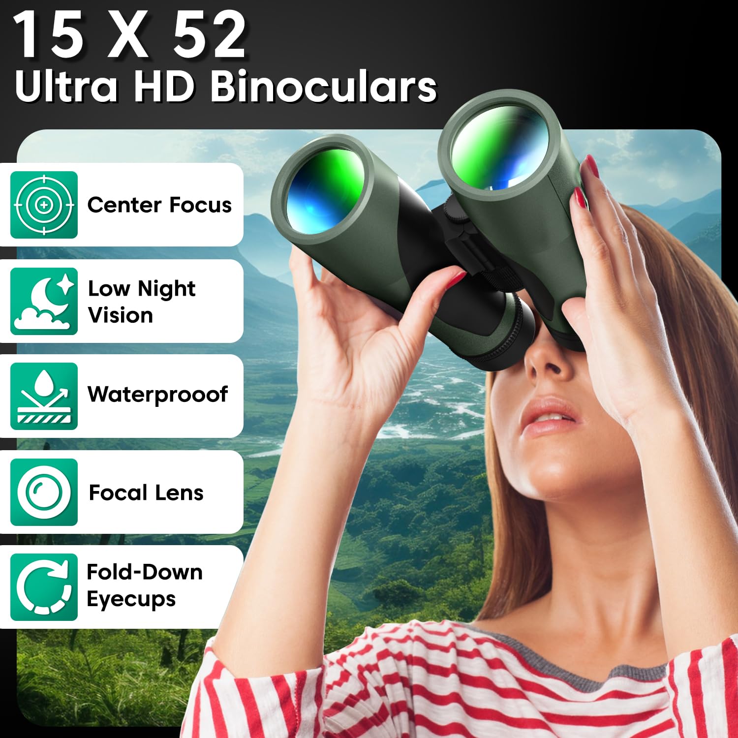 Sounce 15x52 UHD Binoculars – Waterproof Long Distance Optics with Phone Adapter