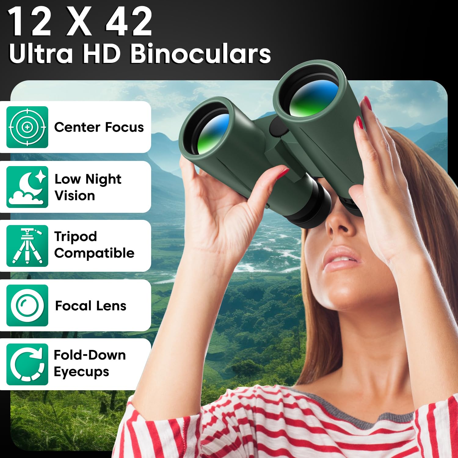 Sounce 12x42 Ultra HD Binoculars – Long Distance BAK-4 Prism Optics with Tripod & Phone Adapter