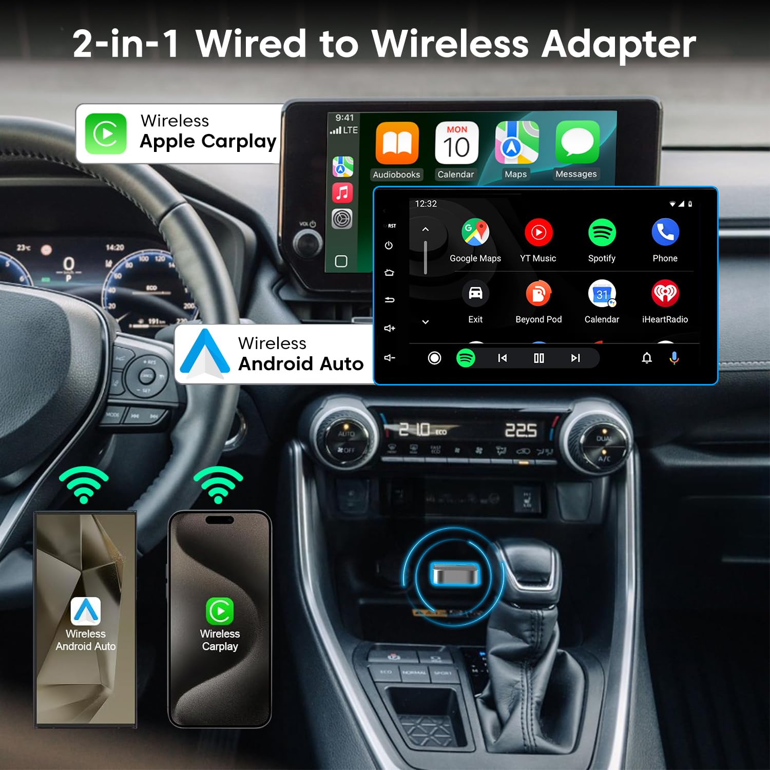 Sounce 2-in-1 Wireless Car Adapter – Converts OEM Wired Android Auto & Apple CarPlay to Wireless, Compact Plug-and-Play Bluetooth Receiver for Cars with Factory-Installed Wired CarPlay – Black