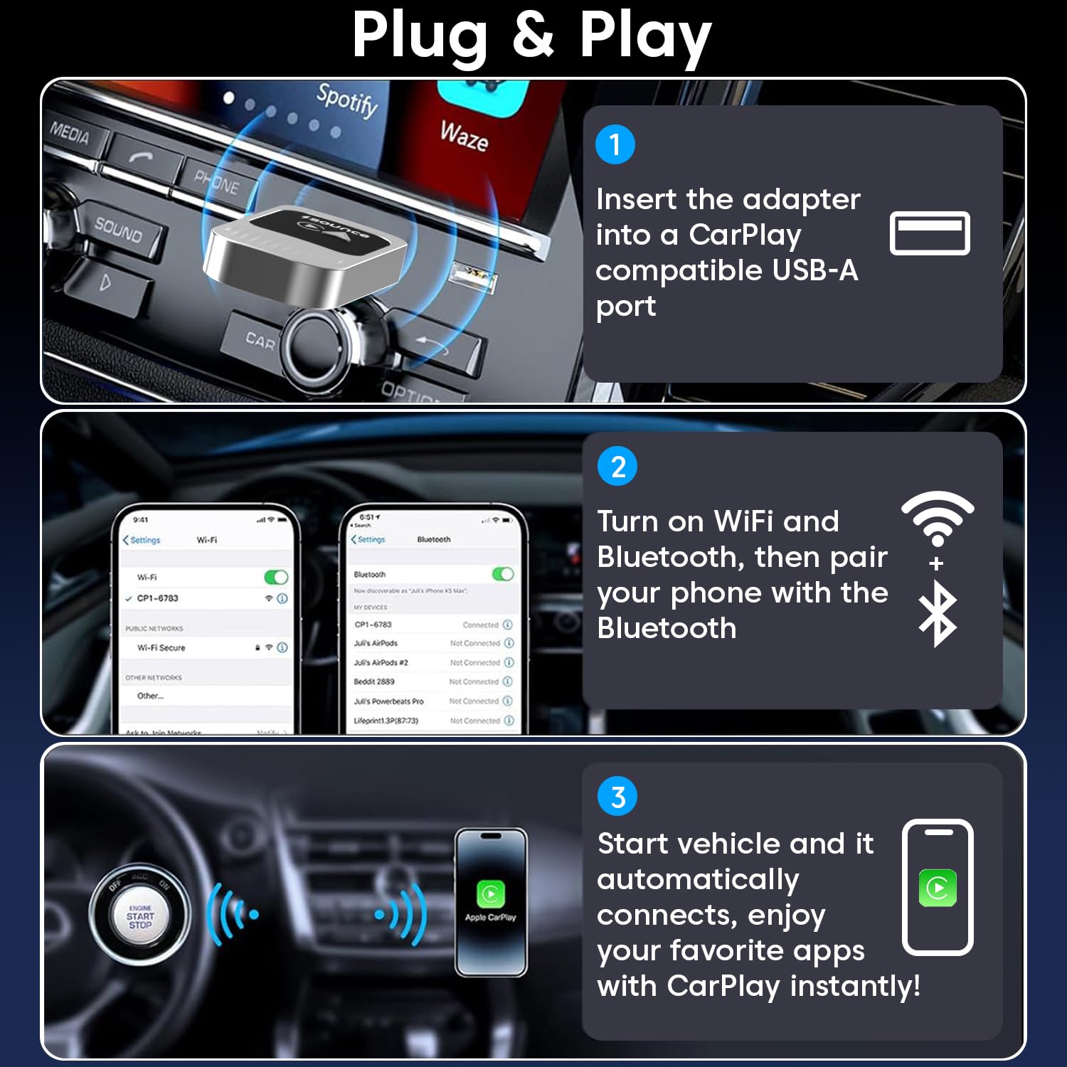 Sounce 2-in-1 Wireless Car Adapter – Converts OEM Wired Android Auto & Apple CarPlay to Wireless, Compact Plug-and-Play Bluetooth Receiver for Cars with Factory-Installed Wired CarPlay – Black