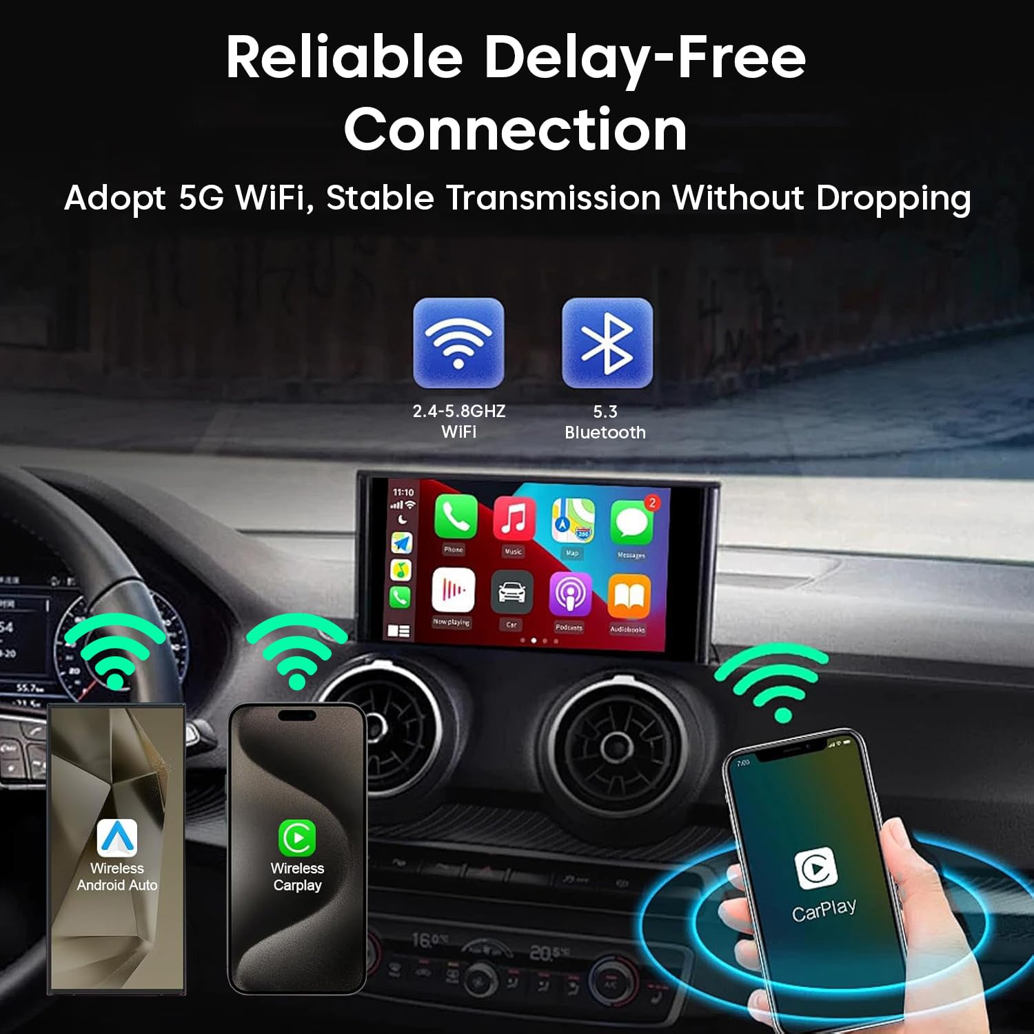 Sounce 2-in-1 Wireless Car Adapter – Converts OEM Wired Android Auto & Apple CarPlay to Wireless, Compact Plug-and-Play Bluetooth Receiver for Cars with Factory-Installed Wired CarPlay – Black