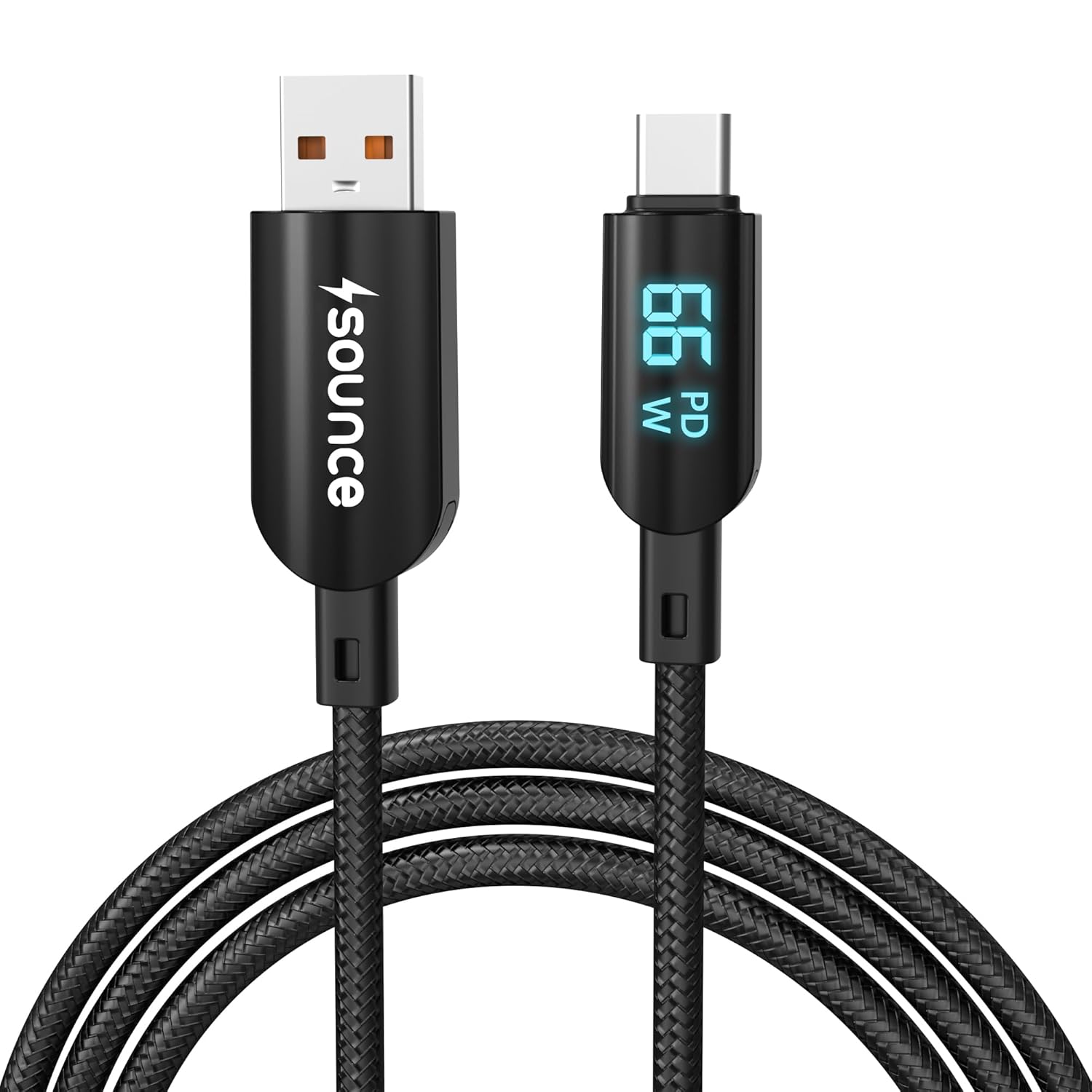 Sounce Konnect View 66W Type-C Fast Charging Braided Cable 6.5A Output LED Display Real-Time & Tangle-1.2M Length 480Mbps Data Transfer 3.0 Universal Compatible for Phones Tablet Laptop & More (Black)