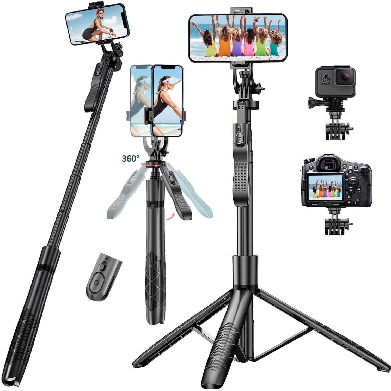 Sounce Selfie Stick with Tripod Stand, Aluminum 360 Degree Rotatable Bluetooth Selfie Stick 62 inches/158 cm Tripod for Vlogging, Tripod for phone, Mobile Stand for Video Recording,Mobile,Camera,GoPro