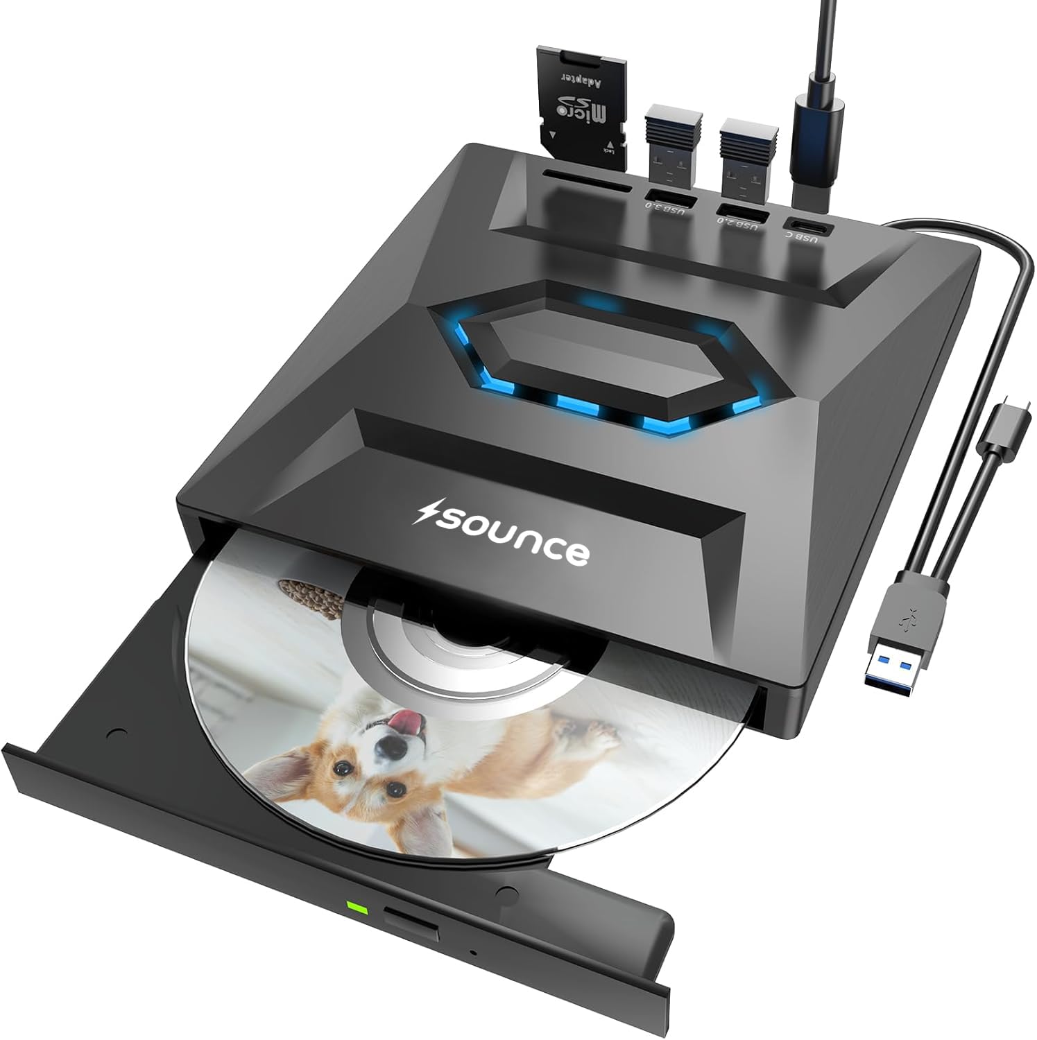Sounce USB 3.0 & Type C External CD DVD Writer RW Optical Drive CD/DVD ROM +/-RW CD Burner Drive with SD/TF Card Reader Ports, USB 3.0 to C Hub for Laptop, PC, MacBook, Desktop, Notebook - Black