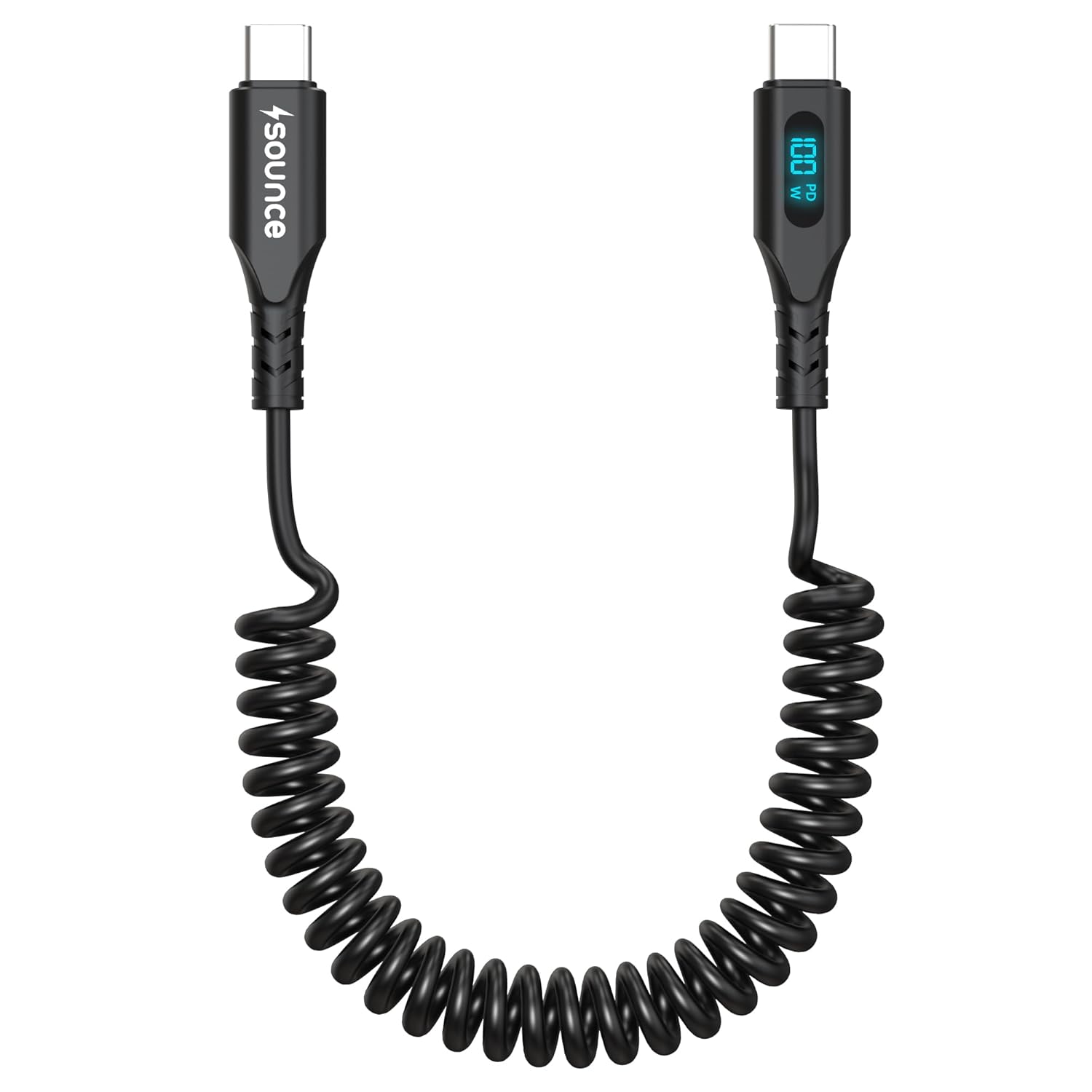 Sounce USB C to USB C 100W Fast Charging Coiled Cable for Car with Smart LED Power Display, Stretchable & Tangle-Free Type C Charger Cord for iPhone 16/15 Pro/Plus/Max & All Type-C Devices