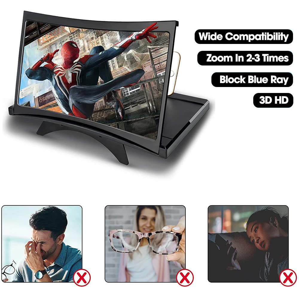Sounce 12-Inch 3D HD Phone Screen Magnifier | Curved Screen Amplifier with Foldable Stand for All Smartphones – Portable Video Enlarger for Movies & More