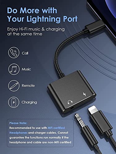 Sounce Replacement for iPhone Charger and Headphones Adapter iPhone Splitter, MFi Charger and Aux Adapter Earphone Audio Dual Lightning Charging Dongle for iPhone 13 12 11 Pro Max 7 8 SE X XS (Black)