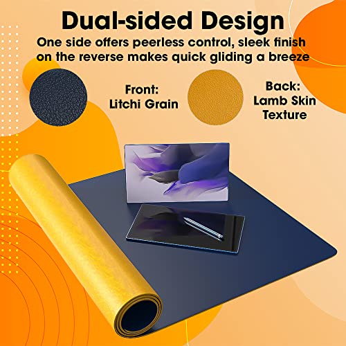 Sounce Vegan PU Leather Mouse Pad, Extended Desk Mat for Work from Home/Office/Gaming, Reversible Anti-Slip, Design Water Resistant Desk Spread (35 Inch * 17.7 Inch Navy Blue and Yellow Ochre)