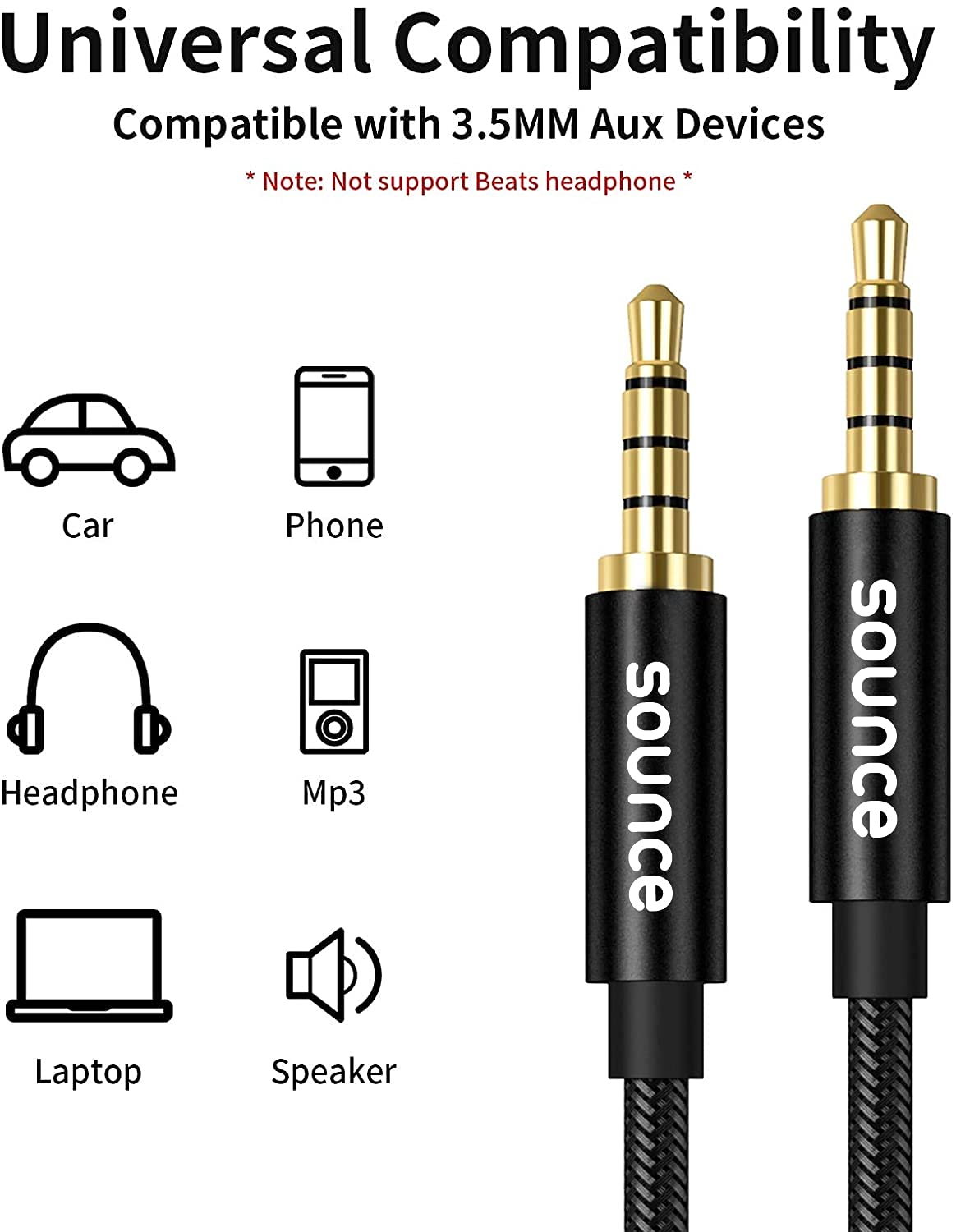 Sounce 3.5mm Audio Cable | Gold-Plated AUX Cord for Car, Home, Headphones & Speakers
