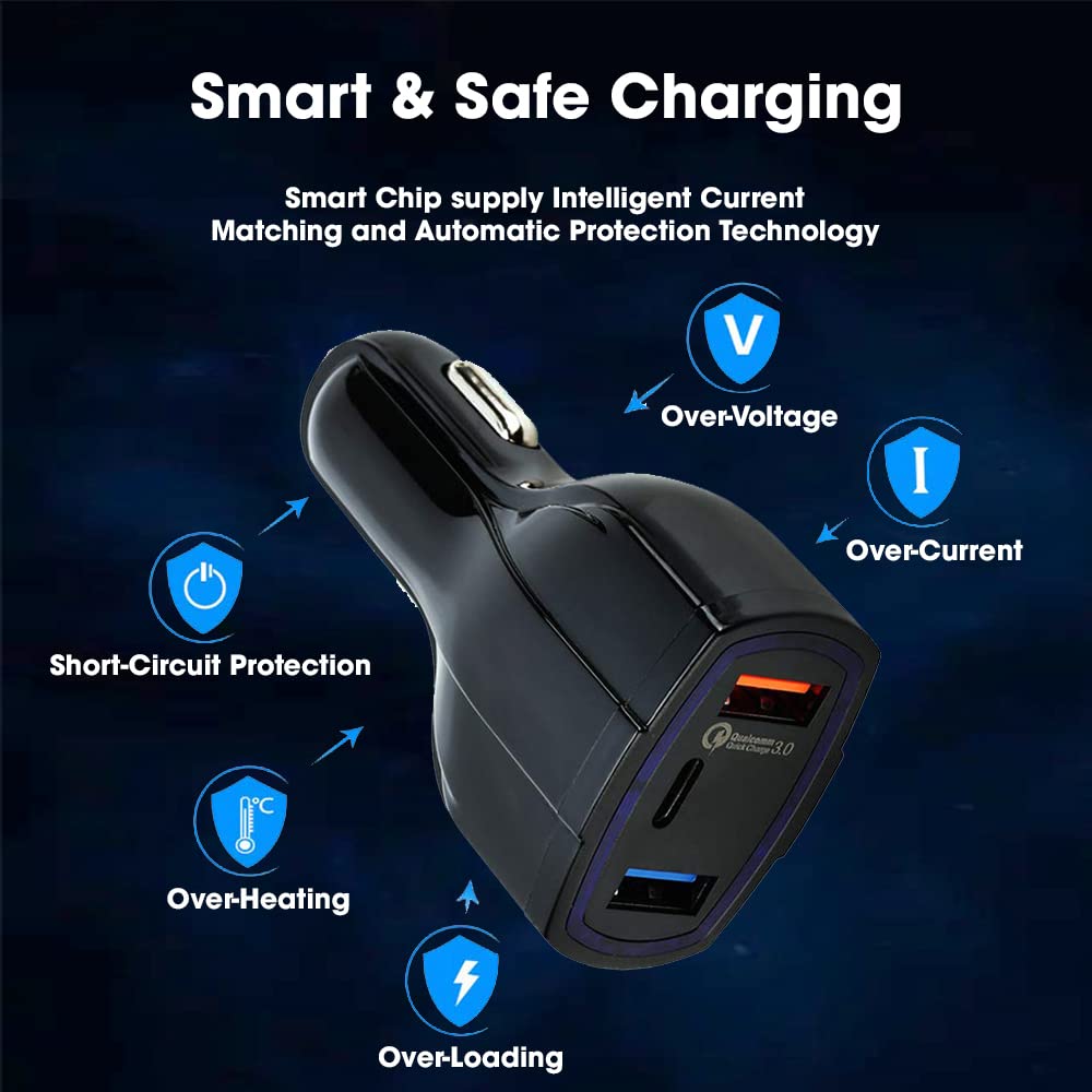 Sounce 36W Fast Car Charger | Triple Port PD & QC 3.0 Adapter for Phones & Tablets