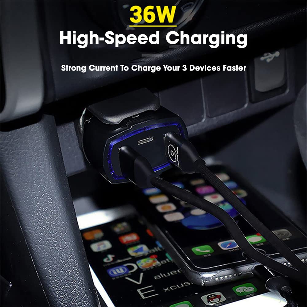Sounce 36W Fast Car Charger | Triple Port PD & QC 3.0 Adapter for Phones & Tablets