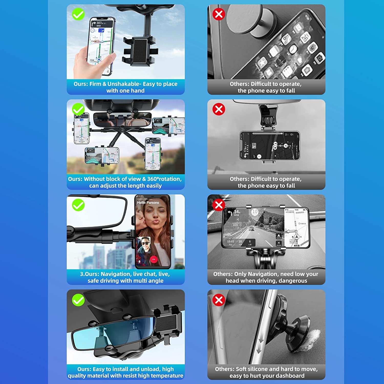 Sounce 360° Rotatable Rearview Mirror Car Phone Holder | Retractable Mount for All Phones