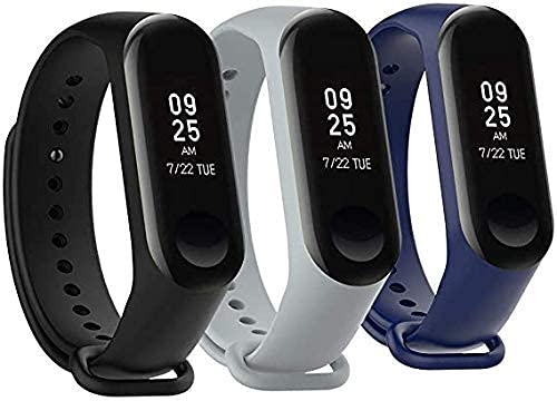 Sounce Silicone Adjustable Watch Band Strap For Xiaomi Mi Band 3/ Mi Band 4 (Not Compatible For Mi Band 1/2) (Black, Grey & Blue)