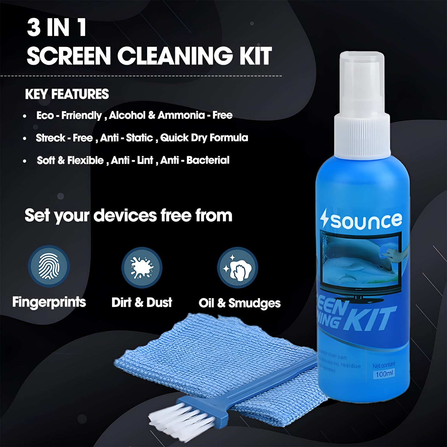 Sounce 3-in-1 Screen Cleaning Kit | 100ml with Microfiber & Brush