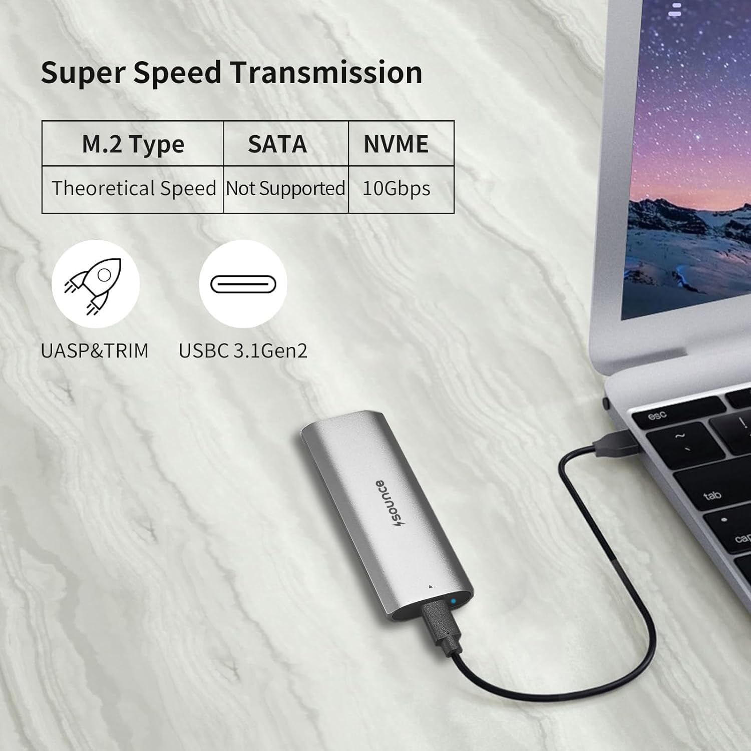 NVMe M.2 SSD Enclosure – USB 3.2 Gen 2 10Gbps | Tool-Free PCIe NVMe Case with USB-C – Supports M & B&M Key SSDs (2230–2280) | by Sounce