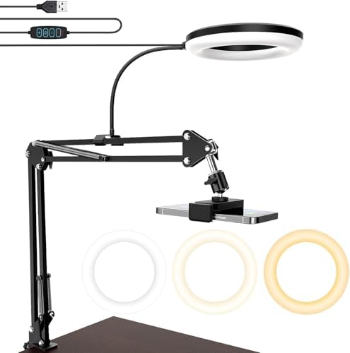 Sounce Overhead Video Stand with 6-inch Ring Light, Metal arm Body,1/4" Ball Head for Camera Desktop Stand, Mobile Bedroom Stand and Tablet Bracket for Overhead Video (6" with Ring Light)