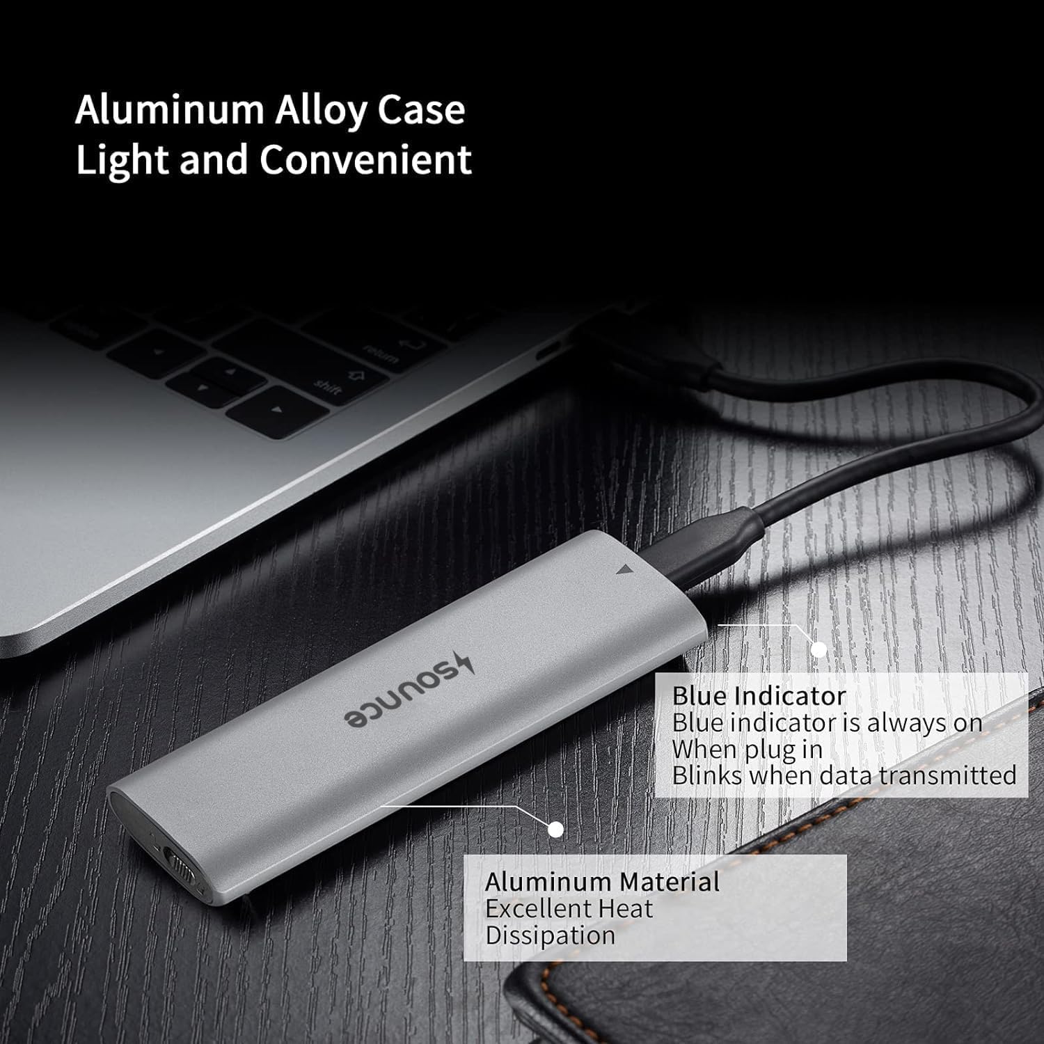 NVMe M.2 SSD Enclosure – USB 3.2 Gen 2 10Gbps | Tool-Free PCIe NVMe Case with USB-C – Supports M & B&M Key SSDs (2230–2280) | by Sounce