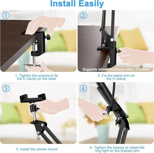 Sounce Overhead Video Stand with 6-inch Ring Light, Metal arm Body,1/4" Ball Head for Camera Desktop Stand, Mobile Bedroom Stand and Tablet Bracket for Overhead Video (6" with Ring Light)