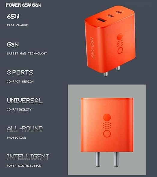 65W GaN Triple Port USB-C Fast Charger by Sounce | CMF-Inspired Power Adapter for Nothing Phone 2a, 2, 1 & Other Type-C Devices – Orange