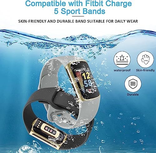 Sounce Pack of 3 Belts/Straps Compatible with Fitbit Charge 5 Wristband Straps (3 Units), Water Resistant Dust Proof Professional Fitting [Watch NOT Included] (Grey, Black, Navy Blue)